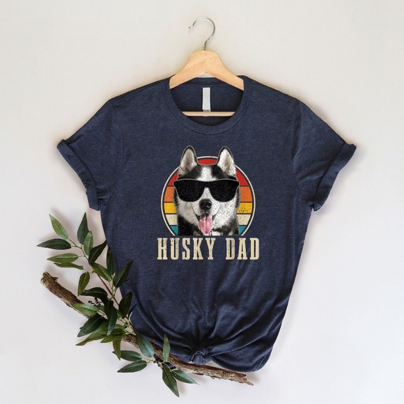 Retro Sunset Husky Dad Dog Dad Gift Funny Dog Shirt Dog Dad Shirt Mens Dog - Picture 1 of 2